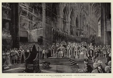 Gekrönter König und Königin, Gesamtansicht der Szene in der Westminster Abbey unmittelbar nach der Krönung der Königin